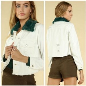 NWT White Denim Jacket with Green Fur Collar